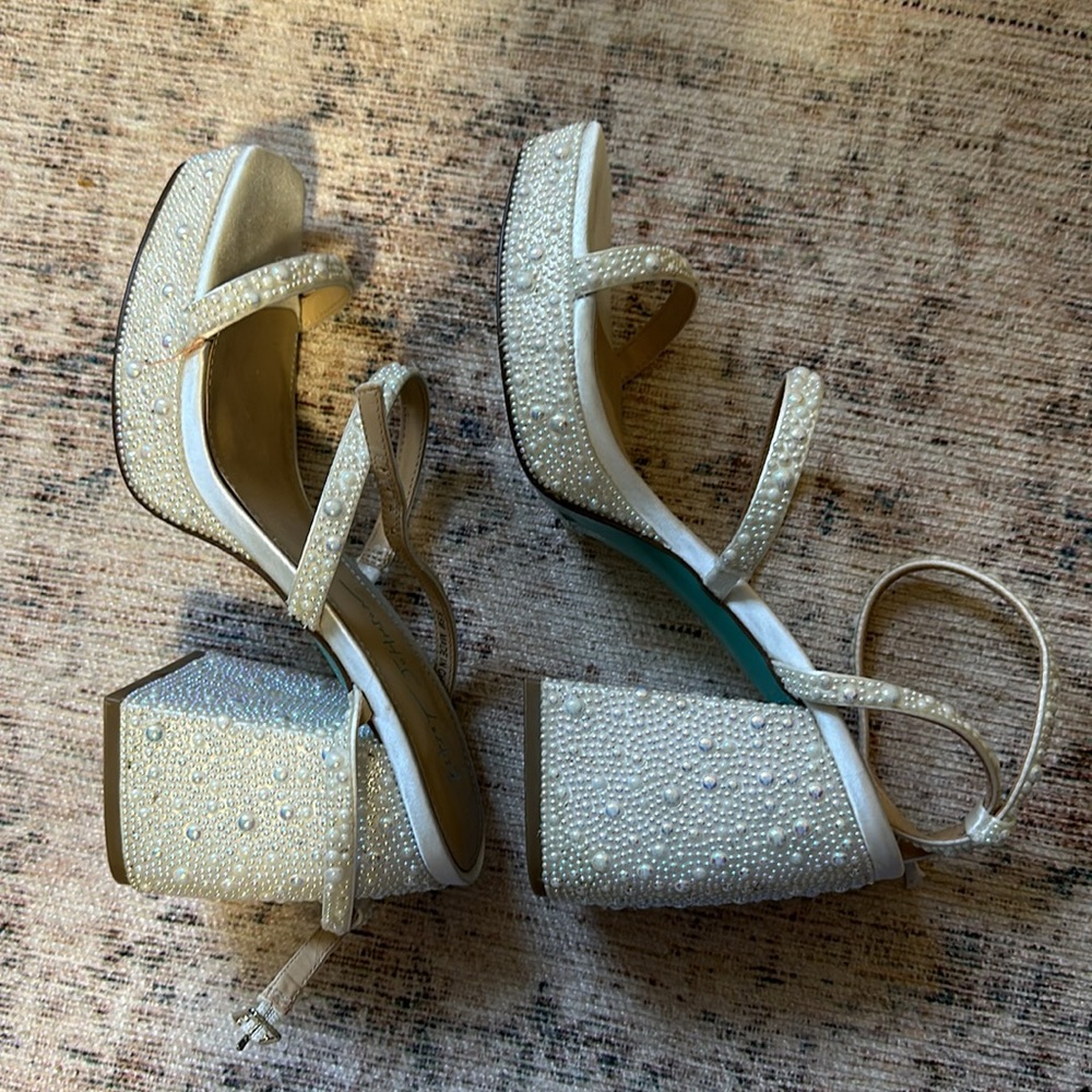 Betsey Johnson Denni White Pearl Platform Ankle Strap High Heels